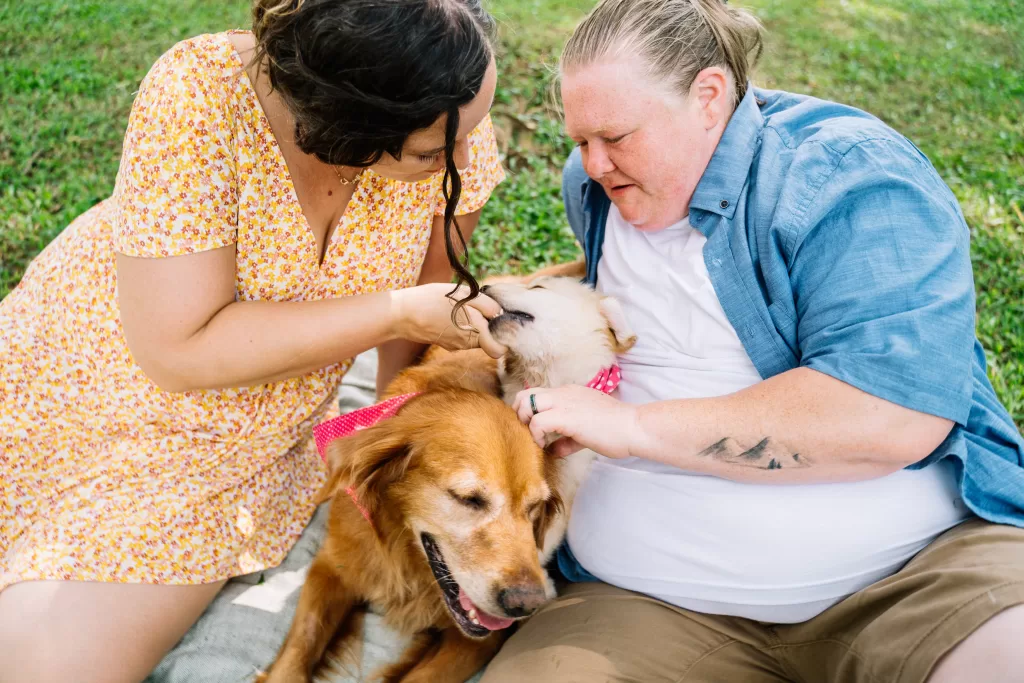 A couple sitting on a picnic blanket with their dogs in the park